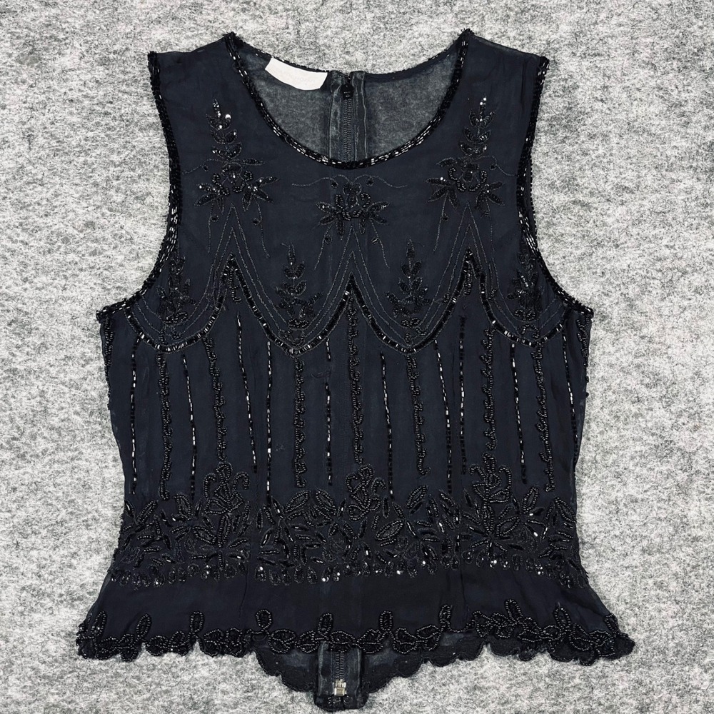 Carol Horn's Habitat Vintage Silk Beaded Top Womens S Black Sheer 1920s Glam